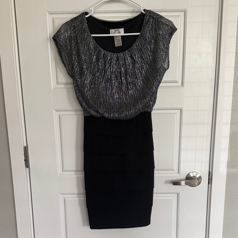 Sweet Storm Midi Dress - Metallic Silver Top with Black Layered Skirt